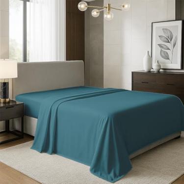 Imagem de TEXAS LINEN CO. Lençol Queen 100% algodão orgânico, percal - 1 lençol de cima, azul-petróleo - roupa de cama nítida, fresca e forte, lençóis de cima para quem dorme quente, lençóis de luxo respiráveis