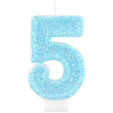 Imagem de iNINGER Vela azul número 5, vela de 5 anos azul, macaron azul celeste, velas de feliz aniversário para bolo, meninas, meninos, pastel, decoração de festa