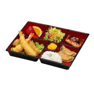 Imagem de JapanBargain 1594, lancheira Bento Box 6 compartimentos de plástico tradicional japonês laqueado para restaurante ou casa feita no Japão, cor vermelha e preta, 29,8 cm x 24 cm, apenas placa
