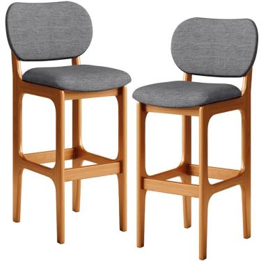 Imagem de Kit 2 Banquetas Alta Bar Cozinha Sala Jantar Fixa Betta L02 Imbuia Linho Cinza Escuro - Lyam Decor