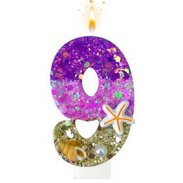 Imagem de Velas de aniversário, número 9 de praia, decoradas com conchas e pérolas para topo de bolo, adequadas para decorações de bolo de sereia, decoração de aniversário com tema de oceano (9 velas)