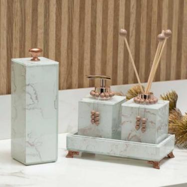 Imagem de KIT LAVABO COMPLETO EFEITO MÁRMORE COM PORTA ESCOVA DE DENTE BANDEJA 20X10 (ROSE COM BRANCO)