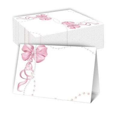 Imagem de DRWJPAT Cartões de lugar de laço rosa, cartão de nome de arco para configuração de mesa, 25 cartões de barraca de mesa de comida para aniversário, casamento, chá de bebê, jantar, festas, etiquetas de