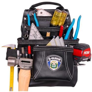 Imagem de FESA Bolsa de ferramentas de couro para carpinteiro - Bolsa de carpinteiro de couro de grão superior pesado com 10 bolsos com 2 laços de martelo, bolsos grandes e pequenos - serve para cintos de