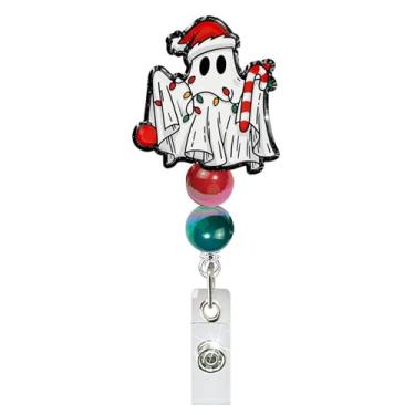 Imagem de Carretel de crachá de Natal retrátil com cordão de luzes fantasma de Natal porta-crachás de enfermeira com contas assustador clipe de crachá de acrílico engraçado clipe jacaré etiqueta de nome para