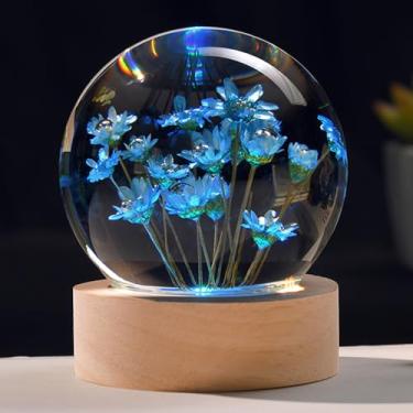 Imagem de ZRENJHUS Bola de cristal de flor 6 cm margarida azul bola decorativa flor luz noturna presentes para mulheres menina mãe com base de iluminação colorida