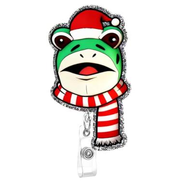Imagem de Porta-crachá engraçado de Natal com rotação de 360° para cartão de identificação desenho animado No King Frog Badge Reel Clipe retrátil fofo rosa glitter clipe médico para escritório RN CNA LPN
