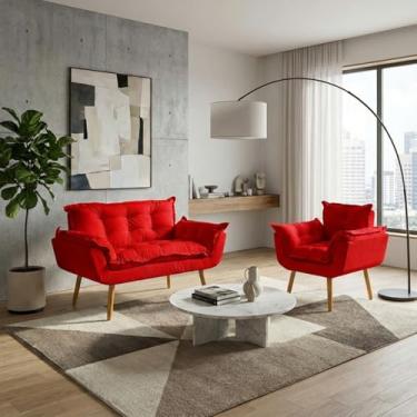 Imagem de Kit Namoradeira Decorativa e Poltrona Para Sala Recepção Manicure Consultório Escritório Alice Tecido Suede (Vermelho)