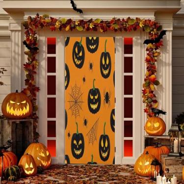 Imagem de Wassud Black Evil Pumpkins decoração de capa de porta banner interno externo decoração de casa de varanda grande decoração de porta da frente 81 x 189 cm