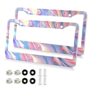 Imagem de STAYTOP Molduras de placa de carro com padrão de folha de estanho pintada arco-íris, 2 pacotes, capas de placa de carro, moldura universal de alumínio para etiquetas dianteiras e traseiras de carro