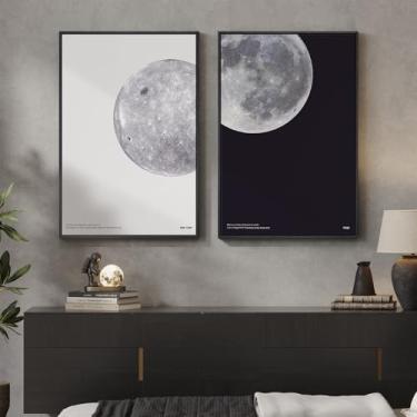 Imagem de Arte de parede em tela preta e branca emoldurada, arte de pinturas contemporâneas de lua grande de 2 peças para paredes, imagens minimalistas modernas para sala de estar, quarto, sala de jantar
