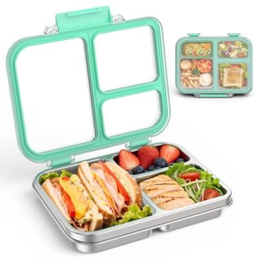 Imagem de BABHAMNESS Lancheira Bento de aço inoxidável para crianças e adultos, caixa bentô de metal com 3 compartimentos com tampa transparente e recipiente de silicone para crianças, lavável na lava-louças