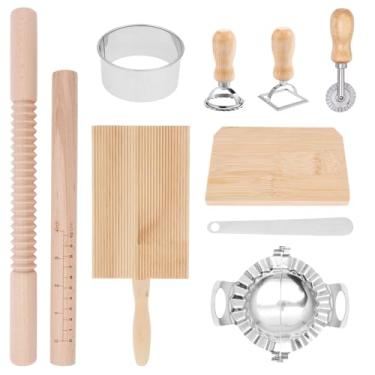 Imagem de Kit de ferramentas para fazer massas, 10 peças, rolo de massa rosqueado de madeira com escalas, placa de nhoque, raspador de massa, máquina de bolinhos, kit de nhoque de ravioli para massas e cozinha