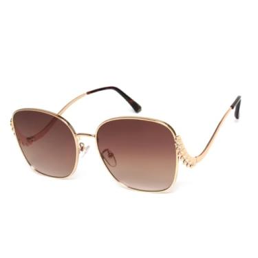 Imagem de HPIRME Óculos femininos retrô oversized com armação de metal dourado curvado e lentes de luxo com proteção UV400 (C2)