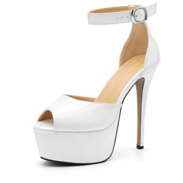 Imagem de LIURUIJIA Sandálias femininas de salto alto plataforma Peep Toe, 13 cm com tira no tornozelo stiletto para casamentos, noivas e festas, Branco, 42