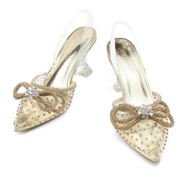 Imagem de JENN ARDOR Sandálias femininas de salto baixo com salto baixo e laço gatinho com strass, Strass dour, 39