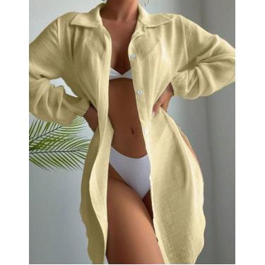 Imagem de Vestido Chemise Feminino Camisão Botões Manga Longa Elegante Saída de 