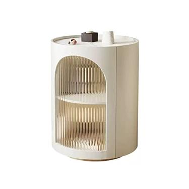 Imagem de Mesa de cabeceira redonda branca moderna com portas de armário de vidro listrado vertical, mesa de cabeceira de madeira para quarto, mesa de canto para espaços pequenos, sala de estar, quarto prático