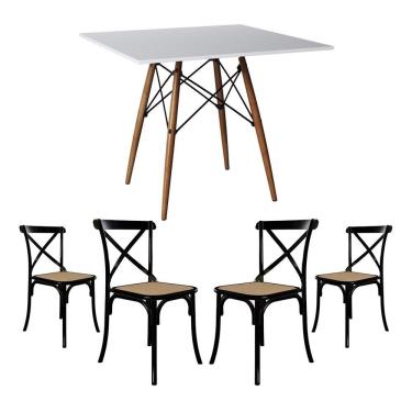 Imagem de Conjunto De Mesa Eiffel Quadrado Tampo De Madeira 90Cm Branco Com 4 Cadeiras Katrina Preto