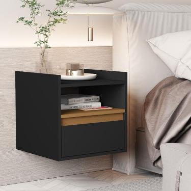 Imagem de Mesa de Cabeceira Minerva Slim Suspensa sem Gavetas MDF MDP com Porta Basculante Preto Cedro SAL Movelaria