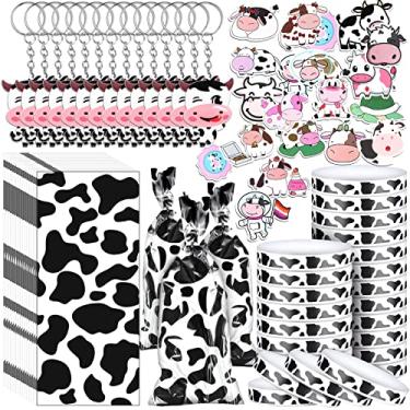 Imagem de 148 peças de suprimentos para festas de vaca incluem chaveiro de vaca fofo impressão de vaca bolsa de presente pulseiras de silicone de vaca adesivos de estampa de animal de vaca adesivos para crianças, festa temática de aniversário