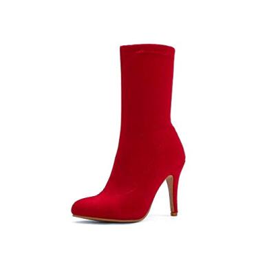 Imagem de JooJaky Bota feminina moderna bico fino cano curto stilettos cor sólida botas curtas, Vermelho, 41