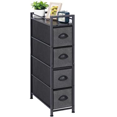 Imagem de HAITRAL Cômoda estreita – Armário de armazenamento de tecido fino com 4 gavetas – Baú vertical vertical – Organizador de torre com gavetas removíveis e parte superior de madeira para lavanderia, armário, sala de estar, entrada