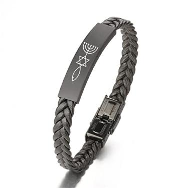Imagem de Pulseira masculina delicada de couro messiânico judeu estrela de Davi Menorá e Ichthys símbolo de proteção, selo religioso de Jerusalém, judaísmo, joia cristã, declaração de fé, 21 cm, 8.27 inches,