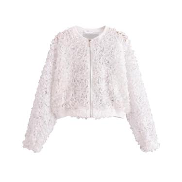 Imagem de White,S,HGKPFGTF Jaqueta Feminina Elegante Com Corte De Flores, ZíPer, Malha Transparente, Renda, Bomber, Jaqueta Para Festa, Clube