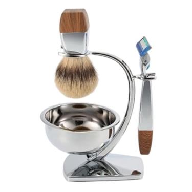 Imagem de Kit de Barbear com Escova de Barbear de Cabelo Texugo Tigela de Sabão Elegante Conjunto de Barbear e Suporte Alça de Barbear Compatível com Fusion 5 Navalha de Segurança para Presente dos Homens