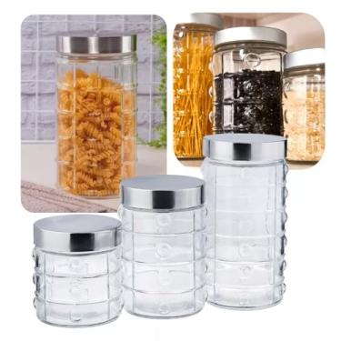 Imagem de Conjunto Moderno de 3 Potes de Vidro em Vidro Vítreo Resistente - Tampa em Aço Inox - Grande, Médio e Pequeno - Ideal para Armazenar Alimentos, Guloseimas, Temperos e Organização da Cozinha