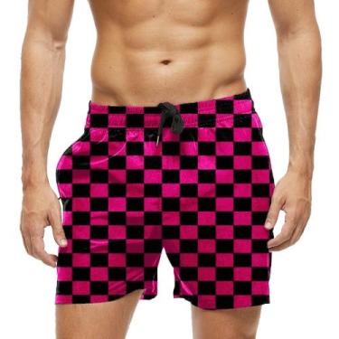 Imagem de Short Praia Shorts Banho Bermuda Verão Xadrez Tabuleiro Preto Rosa 521