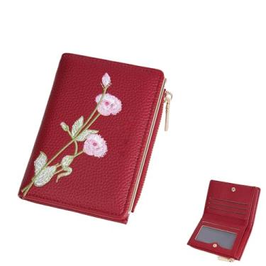 Imagem de Carteira pequena floral feminina linda bolsa de moedas com zíper minimalista porta-cartão de crédito bolsa de couro PU para troca de dinheiro, Vermelho, Bonito