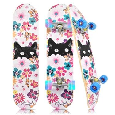 Imagem de Kqpoinw Skates padrão com rodas coloridas piscando para iniciantes, crianças, adolescentes, skate completo de bordo de 7 camadas para meninas e meninos, 78,7 cm x 19,8 cm, skate infantil côncavo com