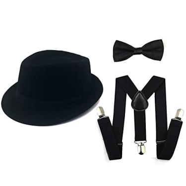 Imagem de Acessórios masculinos anos 20, chapéu Fedora Gangster, acessório de fantasia, suspensórios nas costas em Y e gravata borboleta pré-amarrada, conjunto masculino dos anos 20 chapéu de Manhattan, Preto