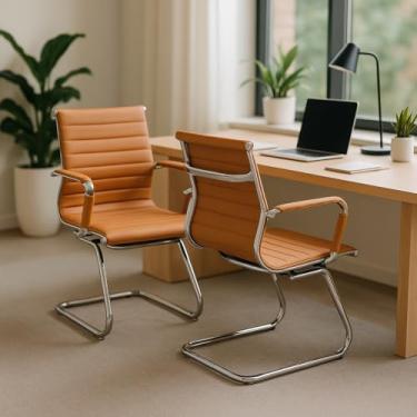 Imagem de Kit 2 Cadeiras De Escritório Com Base Fixa Stripes Esteirinha Charles Eames Eiffel Caramelo