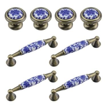 Imagem de T Tulead Puxadores de armário de cerâmica azul e branco conjuntos de puxadores de porcelana, 4 peças de puxadores de gaveta de orifício único, 4 peças de puxador de roupão de cômoda de 9 cm, base de