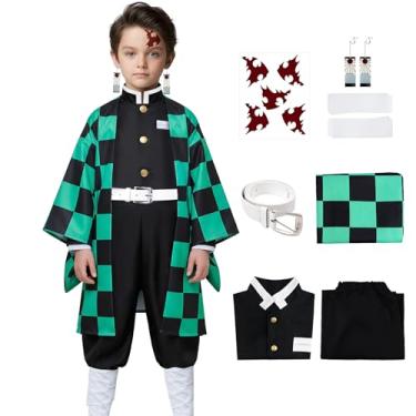 Imagem de Mscawow Kids Anime Costume Kamado Tanjir Cosplay Kimono Set Halloween Costume with Green Cloak & Belt for Boys
