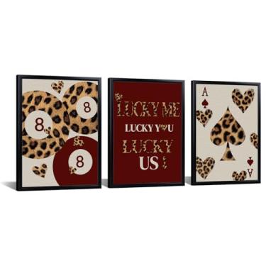 Imagem de Artsbay Arte de parede leopardo tema da sorte decoração de casa desenho de cartas impressão em tela vermelha e marrom para quarto de clube sala de estar decoração de escritório 30,5 cm L x 40,6 cm A x