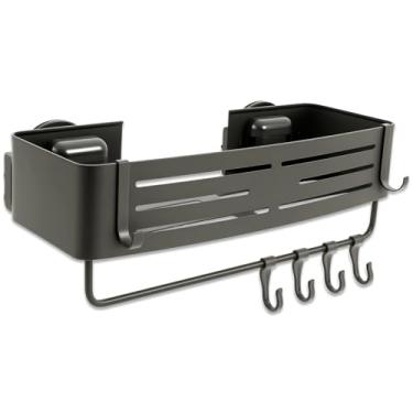 Imagem de Tzdxfgl Prateleira de chuveiro com ventosa, suporte de chuveiro que economiza espaço com orifícios de drenagem, organizador de banheiro com 6 ganchos e toalheiro, suporte de canto de banheiro multiuso