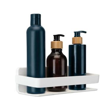 Imagem de Prateleira Porta Shampoo Branco Arthi | Linha Suspensa com Fixação por Fita 3M | Instalação sem Furos | Grade Lateral de Segurança | Escoamento de Água | Compacta | Ideal para Box e Banheiros