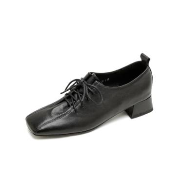 Imagem de TinaCus Sapato Oxford feminino de bico quadrado com cadarço, couro legítimo, feito à mão, salto baixo grosso, Preto, 37
