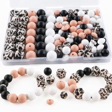 Imagem de Kovict 117 peças de contas de silicone de 12 mm e 15 mm para fabricação de chaveiros, estampa hexagonal redonda de leopardo 10 mm Rondelle strass espaçador de contas de silicone de lentilha para
