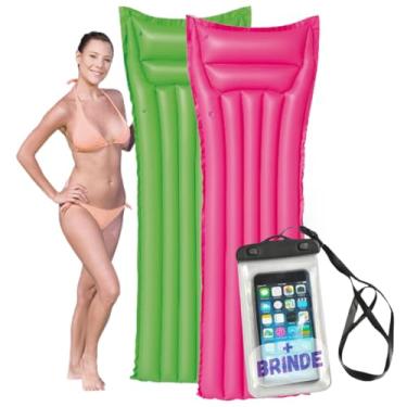 Imagem de Kit 2 Boias Colchões Bronzeador Inflável Piscina Praia Gigante PVC Reforçado e Capa A Prova D água Para Celular Universal Até 6.7 Polegadas (Verde e Rosa+Capa)