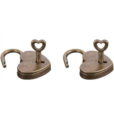 Imagem de 2 peças de cadeado em forma de coração de latão antigo, fechadura com chave, bronze, cadeado, viagem, armazenamento