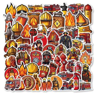 Imagem de Pacote de adesivos Firefighter Theme 52 unidades de carro de bombeiros de desenho animado