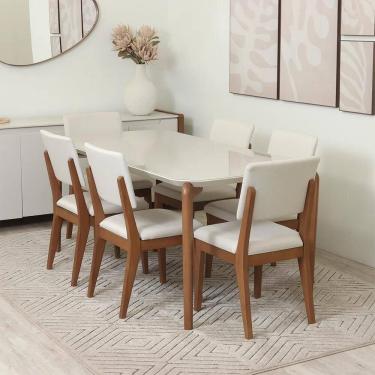 Imagem de Conjunto de Jantar Mesa Retangular com Vidro Donatella com 6 Cadeiras Ella - Natural c/ Off White