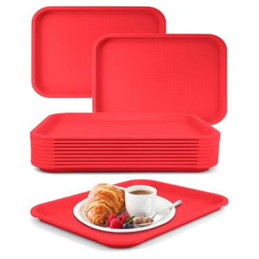 Imagem de Bandejas de plástico para servir, pacote com 12 bandejas de serviço de alimentação, bandeja de comida rápida para mesa de café, cozinha, festa, 35 x 26 cm (vermelho)