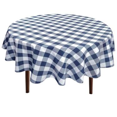 Imagem de Hiasan Toalha de mesa redonda quadriculada de 127 cm – à prova d'água, resistente a manchas e rugas, tecido lavável para sala de jantar, festa ao ar livre, piquenique, azul marinho e branco