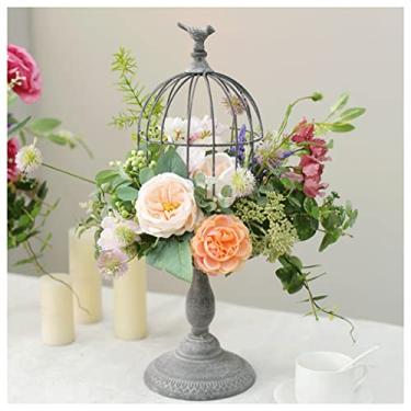 Imagem de LMJYU Flores artificiais para decoração flores artificiais com vaso de gaiola vintage hortênsia falsa arranjos falsos em vaso para decoração de mesa de casa, escritório, mesa, decoração fluxo